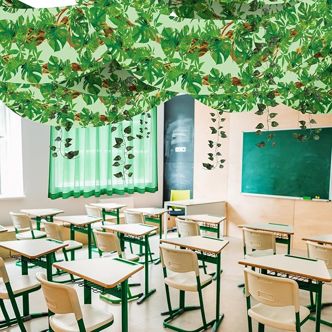 13 Pcs Rainforest Theme Ceiling Decor for 2026 Vbs 12x2 ft Palm Printed Fluorescent Light Cover 10 Artificial Vine Greenery Leaves for Classroom Hawaiian Jungle Luau Wedding Birthday Party Decorations