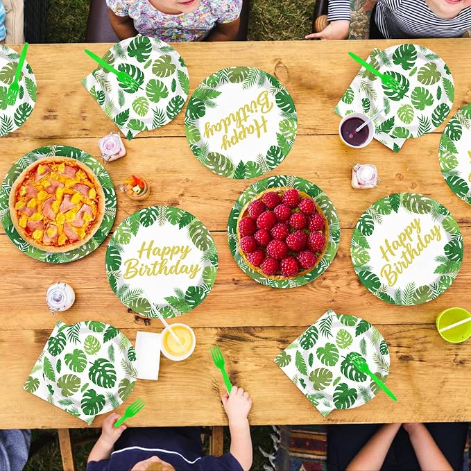 96Pcs Tropical Leaf Birthday Decorations Monstera Palm Leaf Plates and Napkins Hawaiian Luau Tableware Set for Birthday Hawaiian Summer Pool Beach Baby Shower Party Supplies, Serves 24