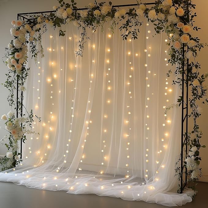 White Tulle Backdrop Curtain with Lights String 10x8ft Sheer Drapes for Wedding, Birthday, Baby Shower, Bridal Shower, Photo Booth, Party, Home Decor (2 Panels, White)