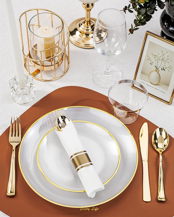 Morejoy 175PCS Pearl White and Gold Plastic Plates - Disposable Gold Party Plates & Pre Rolled Napkins with Cutlery for 25 Guests, 50Plates, 75Silverware, 25Cups, 25Napkin for Party & Mother's Day