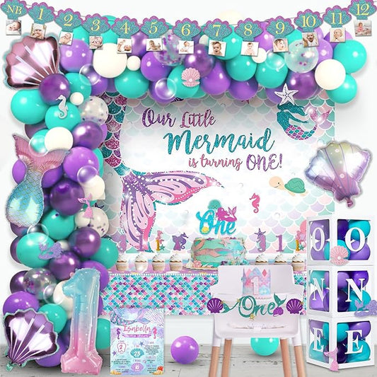 Hombae Mermaid 1st Birthday Decorations, 124PCs - Oneder the Sea Party Supplies Girl with Our Little Mermaid Is Turning One Backdrop, Balloon Garland, Banner, Crown, Poster, Cake Topper