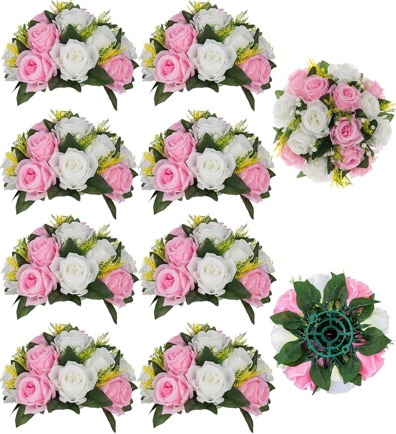 BLOSMON Flower Balls Wedding Centerpieces: 10 Pcs Pink White Fake Roses | 9.5 Inch Artificial Kissing Floral Balls Arrangements - Faux Flower Bouquet with Base for Home Party DIY Decorations