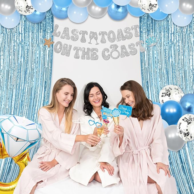 Last Toast on The Coast Bachelorette Decorations, Blue and Silver Bachelorette Party Favors Include Last Toast on The Coast Banner, Bachelorette Temporary Tattoos, Bride Balloons Bachelorette Decor