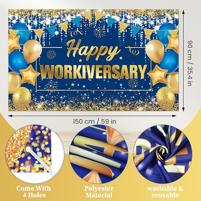 Happy Work Anniversary Decorations Blue Gold Happy Workiversary Banner Honeycomb Centerpieces Hanging Swirls Tissue Paper Pompoms Sash for Men Office Employee Worker Anniversary Appreciation Supplies