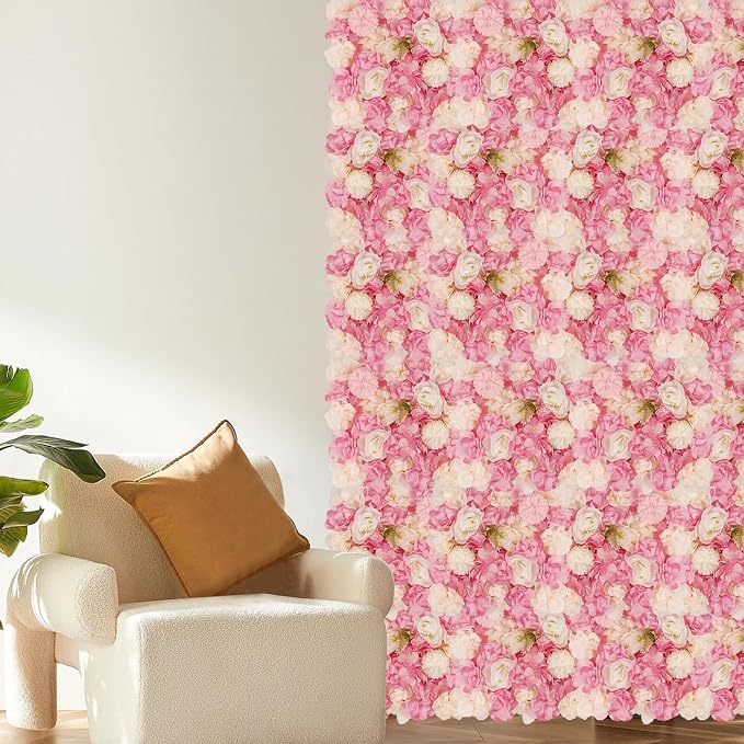3D Flower Wall Backdrop - 12Pcs 15×15 Inch Artificial Rose Panels Pink & White Silk Floral Decor for Home Party Wedding Anniversary Birthday Photographic Studio Background & Decorative Fences