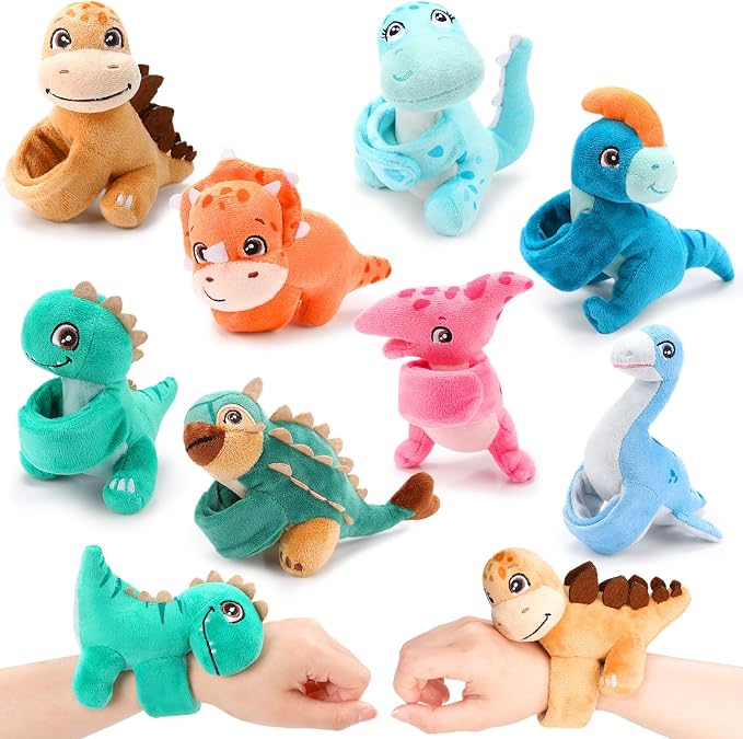 Liliful 8 Pack Kids Plush Gifts Stuffed Animal Cat Slap Bracelets - 8 Inch Back to School Prize Box Toys Wrist Cute Snap Birthday Rewards for Boys Girls Child Pet Adoption Party Favors(Dinosaur)