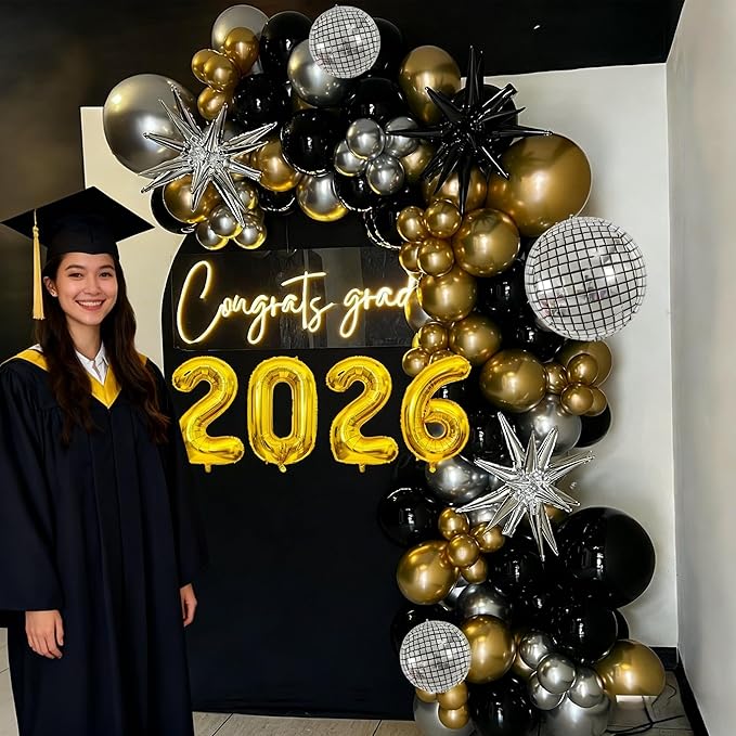 2026 Graduation Balloon Garland Arch Kit, Black Gold Silver Balloon Arch Class of 2026 Graduation Decorations Disco Star Balloons for Grad Celebrations Birthday Party Decorations