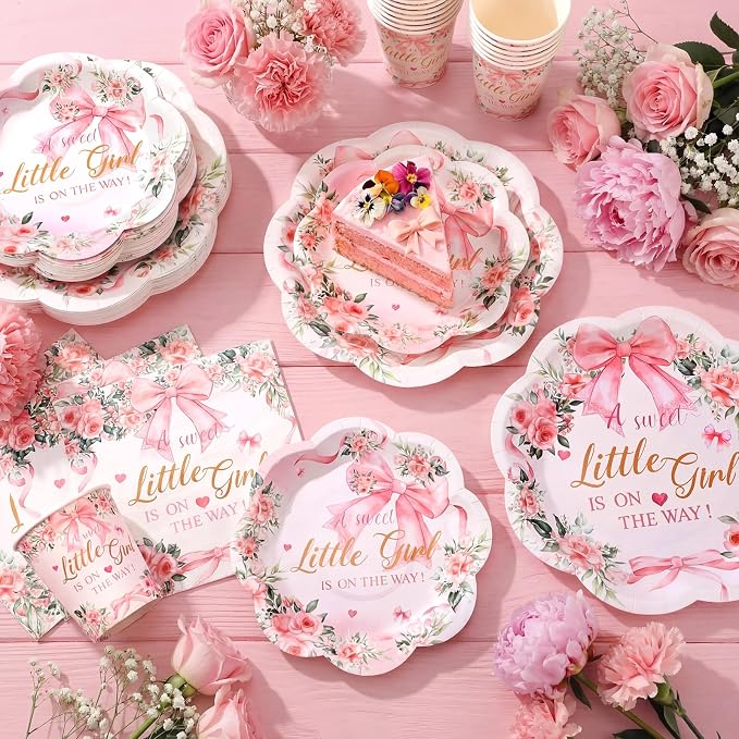 250 Pcs a Sweet Little Girl Is on The Way Baby Shower Plates and Napkins Pink Bow Baby Shower Disposable Plates and Napkins Floral Birthday Tableware Dinnerware for 50 Guests Birthday Party Supplies
