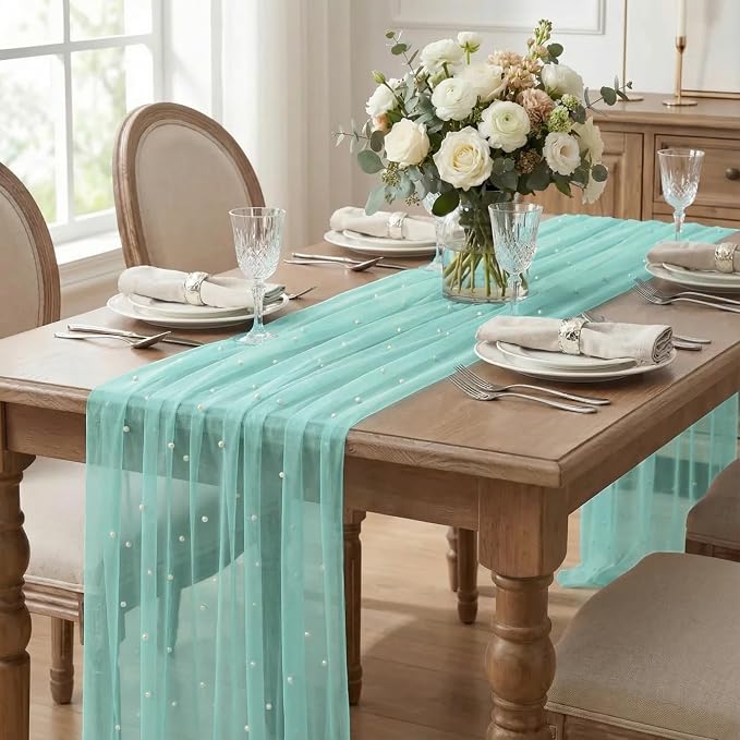 Artoid Mode 3PCS Pearl Turquoise Gauze Table Runner 120 Inch 10FT, Seasonal Sheer Dining Holiday Wedding Birthday Baby Shower Table Decor for Home Party