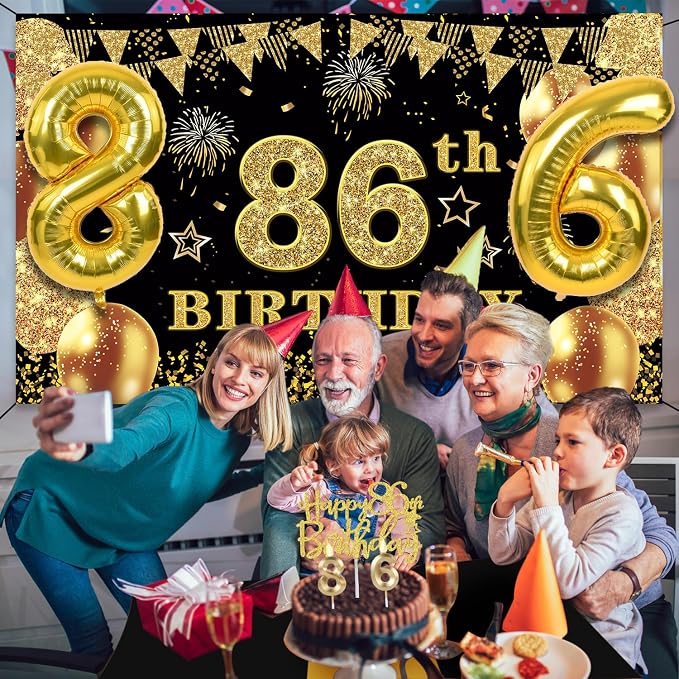 86th Birthday Decorations Men Women with 86th Birthday Banner, Black and Gold Table Cloth, Number Balloons, Sash, Cake Topper and Candles