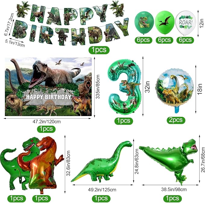 Dinosaur Birthday Decorations, Dino Birthday Party Supplies&Decorations 3 Year Old,Dinosaur Theme Party Set Include Banner Tablecloth Balloons Cake Toppers Plate Napkin for Kids Party
