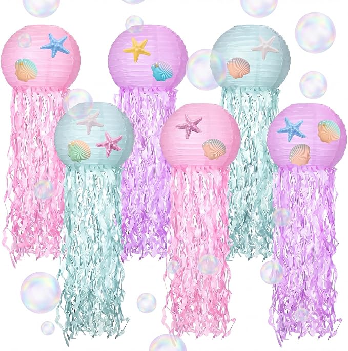 VioraWhite 18 Pcs Mermaid Birthday Party Decorations 6 Pcs 9.8'' Hanging Jellyfish Paper Lanterns 8 Starfish Decor 2 Holographic Iridescent Dot Garlands for Mermaid Under The Sea Ocean Birthday Decor