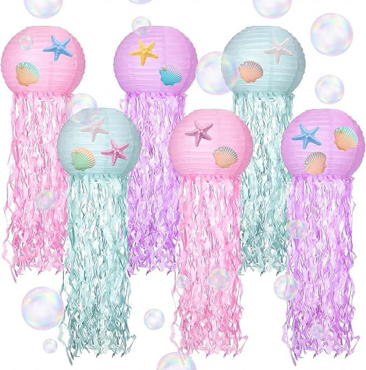 VioraWhite 18 Pcs Mermaid Birthday Party Decorations 6 Pcs 9.8'' Hanging Jellyfish Paper Lanterns 8 Starfish Decor 2 Holographic Iridescent Dot Garlands for Mermaid Under The Sea Ocean Birthday Decor