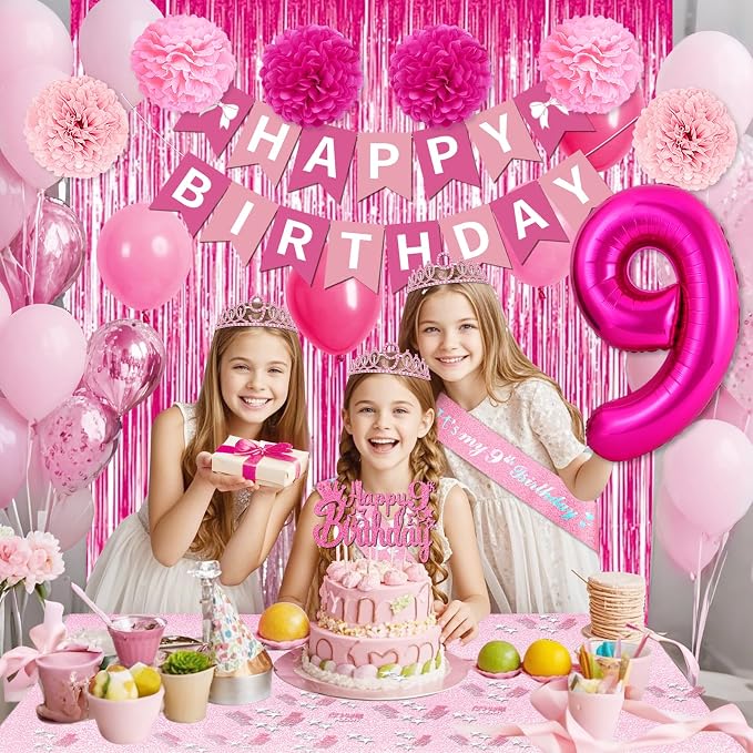 9th Birthday Decorations for Girls, Pink Party Decorations with Number 9 Balloon Happy Birthday Banner Bday Sash Crown Tablecloth Fringe Curtain Hanging Swirl for 9 Balloons for Bday Girl
