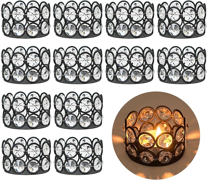 2.4x2.4x1.6 Inch Crystal Tea Light Candle Holders for Wedding Home Table Centerpiece Decoration (12, Black)