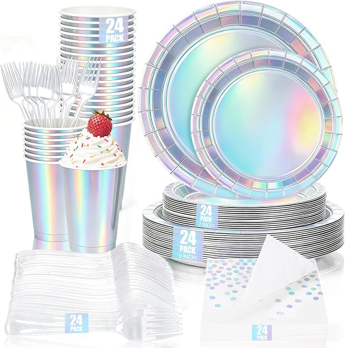 Iridescent Plates and Napkins Party Supplies for 24 Guests, Disposable 9’’ and 7'' Silver Holographic Paper Plates and Cups, Forks & Napkins Set for Mermaid, Birthday Party Decorations