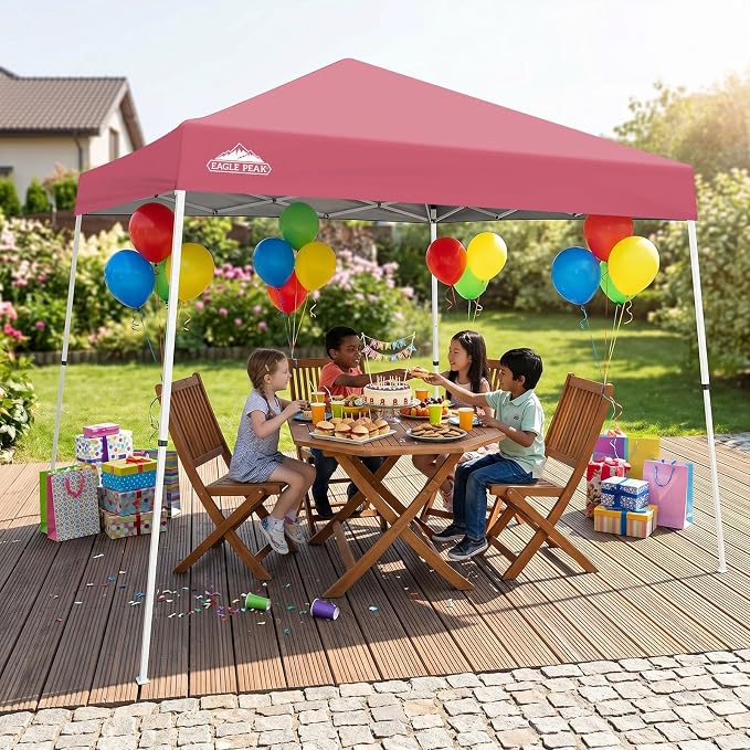 EAGLE PEAK 10x10 Slant Leg Pop-up Canopy Tent Easy One Person Setup Instant Outdoor Beach Canopy Folding Portable Sports Shelter 10x10 Base 8x8 Top (Peach Pink)