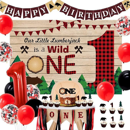 JOYMEMO Lumberjack First Birthday Party Decorations, Buffalo Plaid Camping Backdrop, High Chair Banner for Bear 1st Birthday Party Supplies