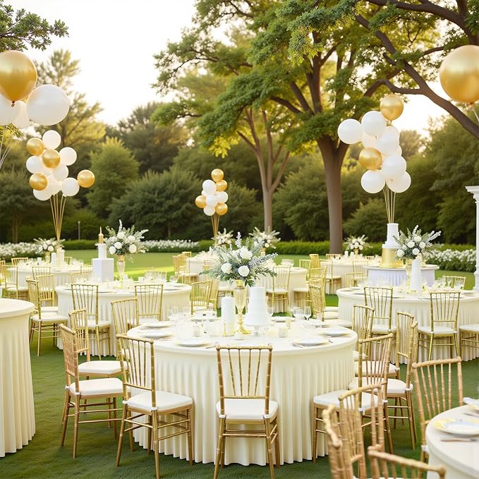 2 Pack Ivory 60 inch Round Spandex Tablecloth, Washable Stretchy Fitted 5FT Round Tables,Elastic Edge with Skirt, Wrinkle-Free Table Cloths for Wedding Banquet Party Birthday Buffet