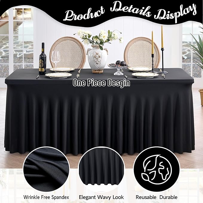 Outpain Black Spandex Tablecloth for 8 Foot Rectangle Tables, 4 Pack Black Fitted Table Cloths 8ft Stretchy Banquet Table Clothes Cover Desk Skirt for Birthday Wedding Parties Baby Shower