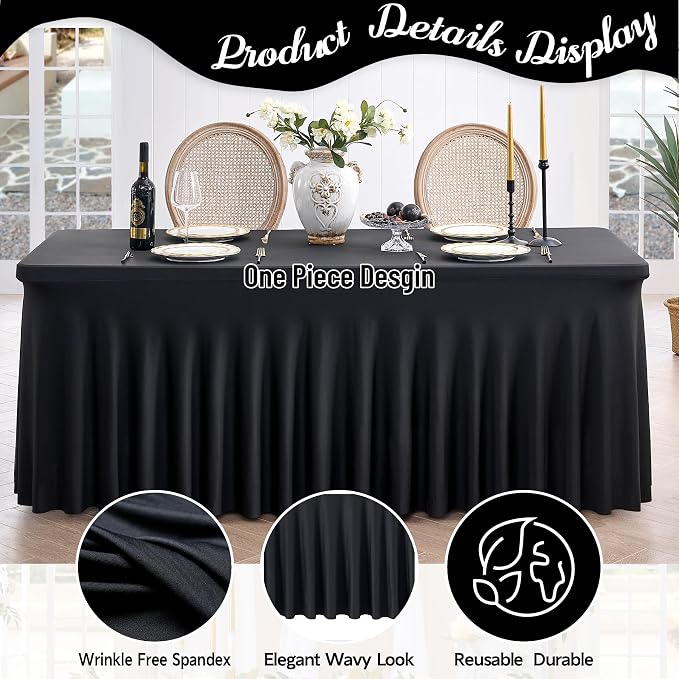 Outpain Black Spandex Tablecloth for 8 Foot Rectangle Tables, 6 Pack Black Wrinkle Free Fitted Table Cloths 8ft Stretchy Banquet Table Clothes Cover Desk Skirt for Birthday Wedding Parties Baby Shower
