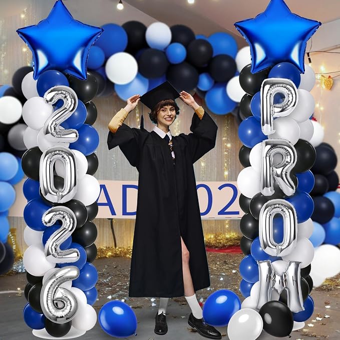2 Sets Graduation Balloon Column Stand Kit with Balloons Prom Send off 2026 Grad Prom Themed Decor Black Blue White Balloon Tower Stand for Floor Grad School & College Celebration Party Supplies