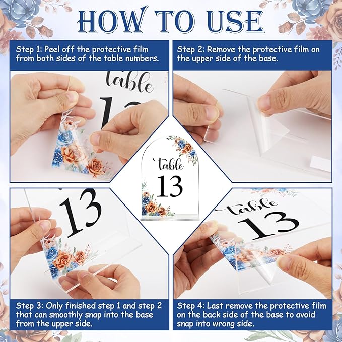 Navy & Burnt Orange Wedding Acrylic Table Number 1-20 with 20Pcs Stands, 5"x7" Floral Elegant Place Card Centerpiece Decorations for Indoor Outdoor Wedding Bridal Shower Anniversary
