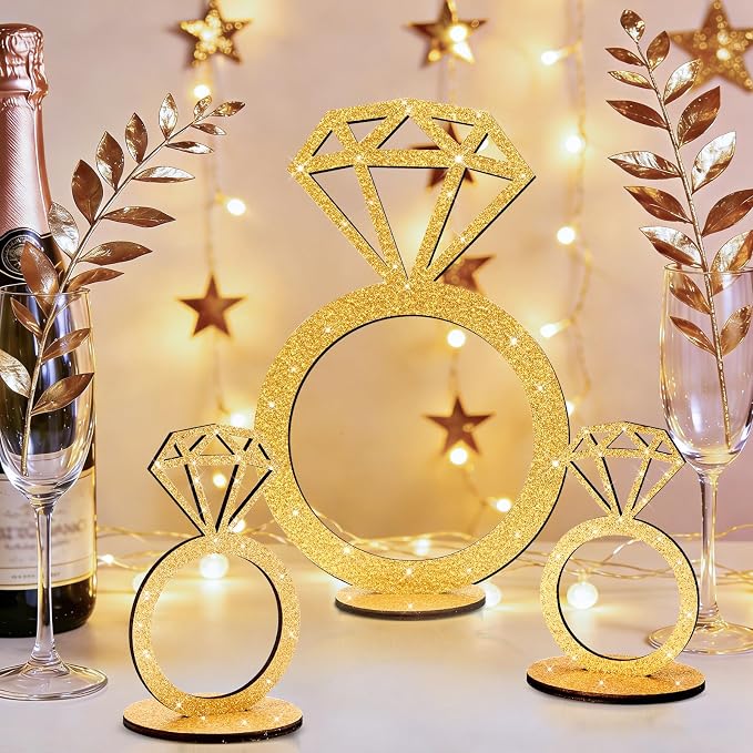 3 PCS Bridal Shower Centerpieces for Tables Diamond Ring Sign Table Centerpieces Gold Glitter Wooden Diamond Ring Sign Decor for Wedding Anniversary Supplies Batcholette Engagement Party