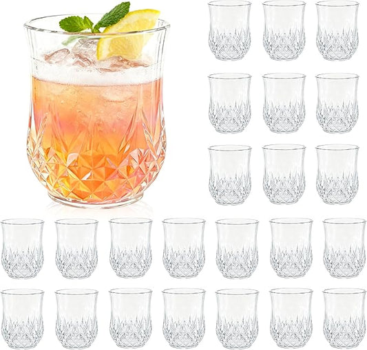 24 Pack Plastic Stemless Wine Glasses,12oz Unbreakable Vintage Elegant Drinking Glass Set,Reusable Fancy Cocktail Cups for Party, Wedding, and Bulk Events (24, 12oz-Transparent)