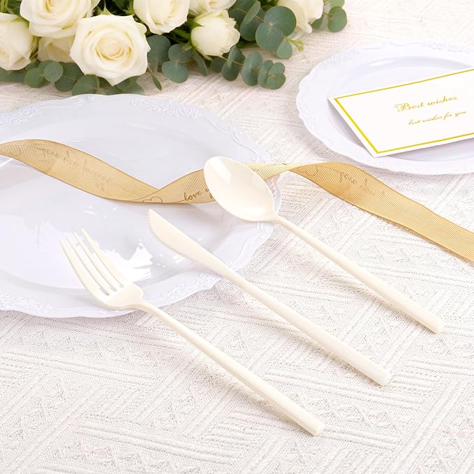 Tinybee 150PCS Ivory Plastic Silverware - Heavy Duty Disposable Silverware, Luxury Ivory Plastic Utensils - Elegant Disposable Utensil Include 50 Knives, 50 Forks, 50 Spoons Perfect for Party&Wedding