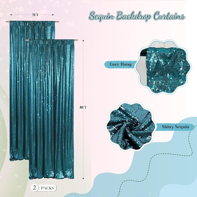 PartyDelight Teal Sequin Backdrop Curtains 2x8ft 2 Panels | 3mm stitched sequin curtain with 4 inch rod pocket for 2x8ft 2 panel doorway window side drape narrow photo booth strip