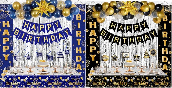 Black and Gold Birthday Decorations for Men Women, Happy Birthday Decorations Gold and Black Party Decoration Kit, Happy Birthday Banner Balloons Tablecover Fringe Curtain Swirls, Mens Man Bday Decor