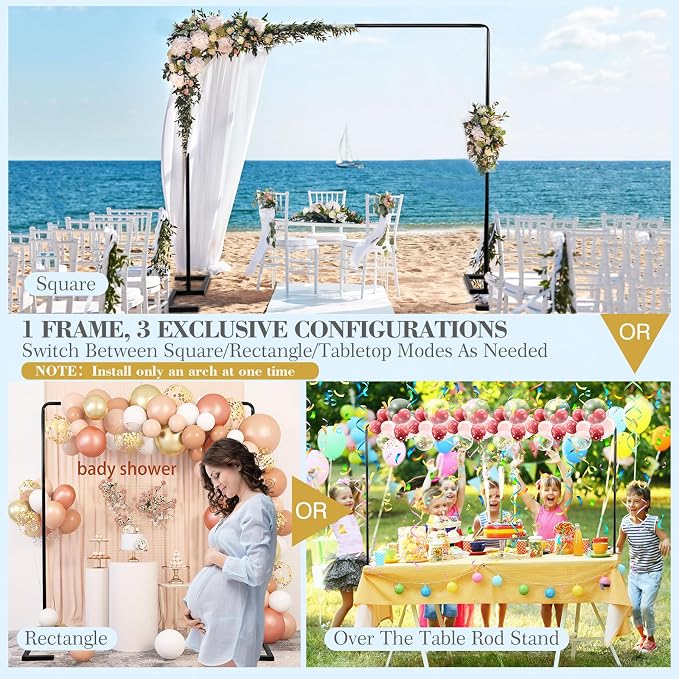 Balloon Arch Stand, 8.2FT Square Wedding Arch Frame, Metal Black Heavy Duty Backdrop Adjustable Stand, Extra 2 Clamps Change Over The Table Rod Stand for Baby Shower Party Decoration, Garden Trellis