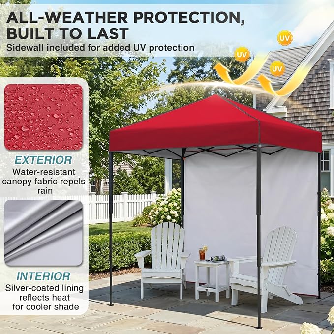 EAGLE PEAK 6x4 Instant Pop Up Canopy Tent with 1 Side Wall Panel, Straight Leg Sun Shelter, Portable Canopy with Carry Bag for Camping, Beach & Sports, Red
