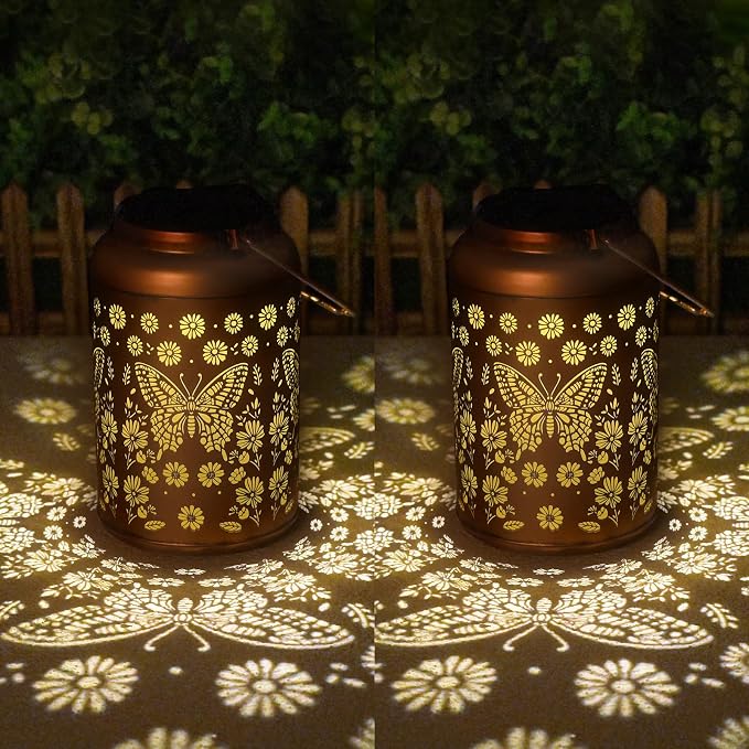 Birthday Gifts for Women Men - 2 Pack Butterfly Solar Lanterns Outdoor Waterproof, Mothers Day Gifts for Mom Grandma, Butterflies Solar Lights Garden Decor, Outdoor Decor for Patio, Yard