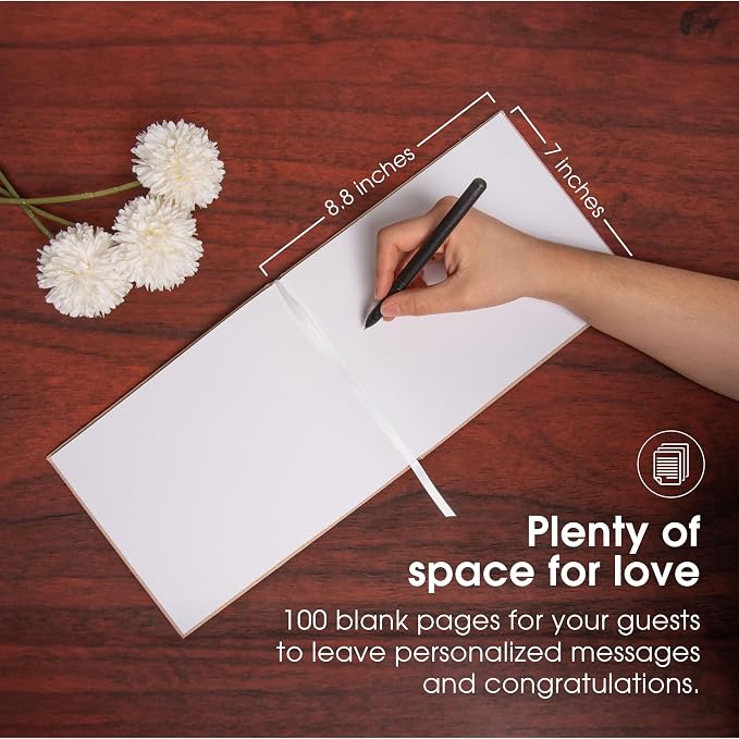 Pearhead Linen Wedding Guest Book with White Script, Elegant Bridal Shower & Wedding Keepsake, Includes Pen, 100 Blank Pages, 7 x 9, Beige