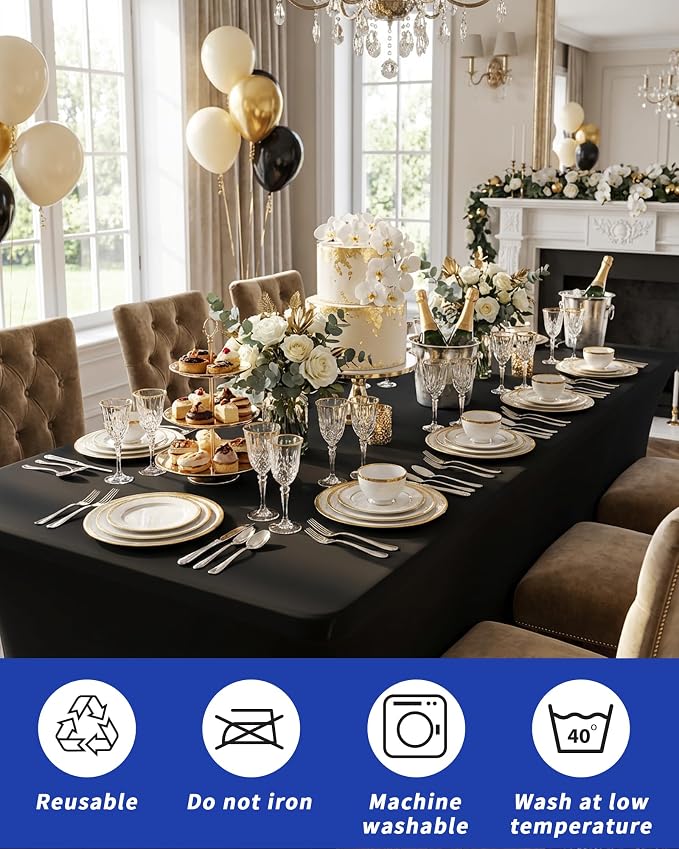 Fixwal Black Tablecloths for 8 Foot Rectangle Tables, 8 Pack Spandex Stretch Fitted Table Covers for Party, Trade Show, Banquet, Wedding, Buffet