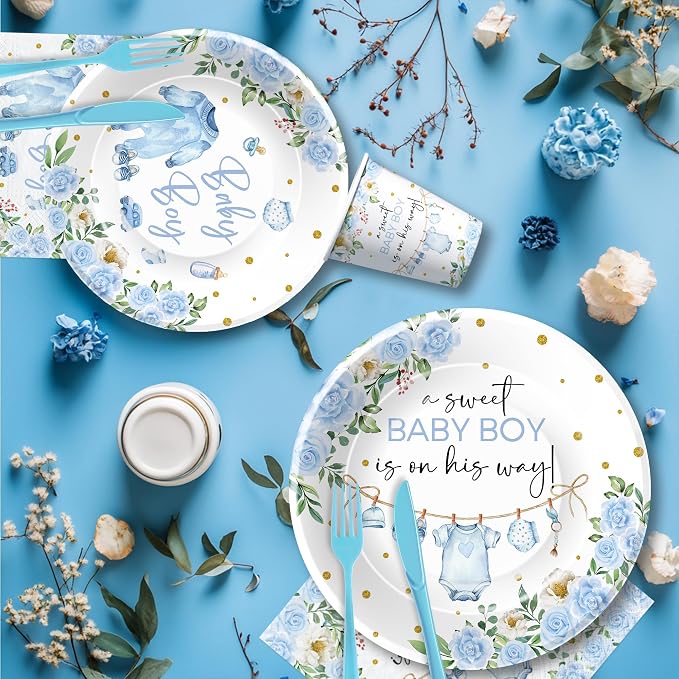 Srua Don Baby Boy Baby Shower Decorations, Blue Floral Sweet Baby Boy Party Supplies, Plate, Napkin, Cup, Tablecloth, Banner, Swirls, Cutlery, Boy Gender Reveal Table Decorations, Serves 24