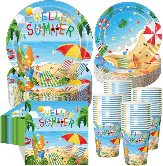 Pickmesh 250 Pcs Hello Summer Plates Napkins and Cups Beach Party Decorations Hawaiian Tropical Disposable Paper Tableware Set for 50 Guests Summery Ocean Pool Luau Birthday Party Supplies