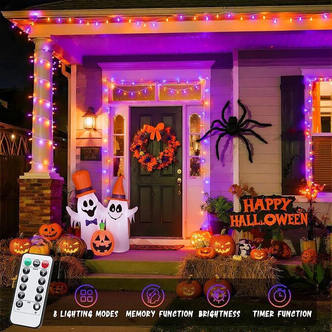 JMEXSUSS 33FT 100 LED Orange and Purple Halloween Lights, Battery Operated Halloween Lights with Remote, 8 Modes String Lights Indoor Outdoor for Room House Porch Tree Yard