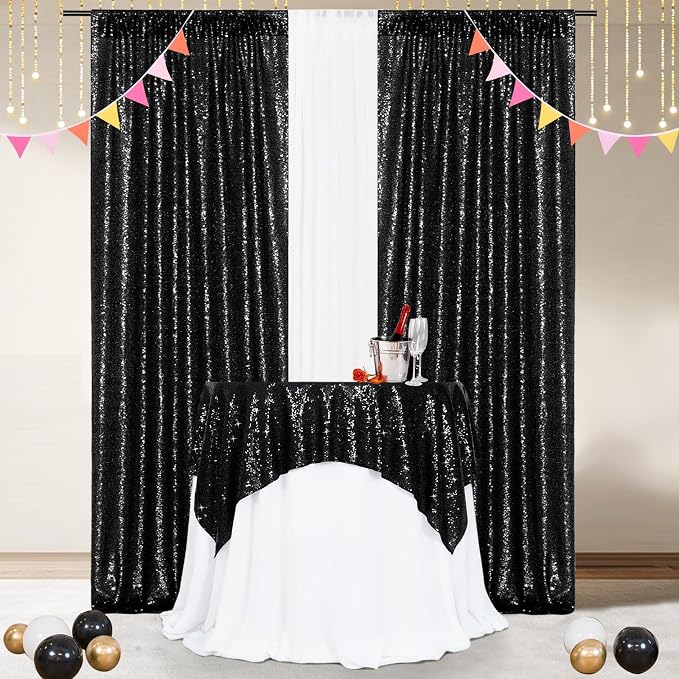Poise3EHome Black Sequin Tablecloth 50×50 Inch Square Sparkly Fabric Table Cover Overlay for Birthday Halloween Party Holiday Baby Shower Decoration