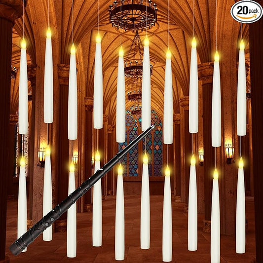 Boribim 20PCS Floating Candles with Wand, Magic Hanging Candles, Flickering Warm Light LED Taper Flameless Candles with Wand Remote, Battery Operated Window Candle for Halloween Decorations Best Gift