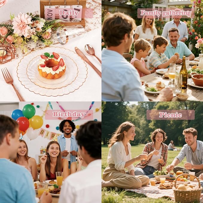 YOUBET 60PCS Rose Gold Plastic Plates - Scalloped Disposable Plates include 30 Dinner Plate, 30 Dessert Plate for Party & Wedding & Baby Shower