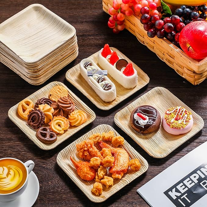 Didaey 150 Pcs 6 Inch Palm Leaf Square Bamboo Plates Disposable Wood Dinnerware Set Leaf Plates for Weddings Catering Events Birthday Summer Party