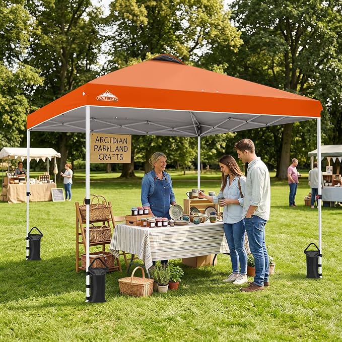 EAGLE PEAK Pop Up Canopy Tent with Wheeled Carry Bag, 8 Stakes, 4 Ropes, 4 Weight Bags, Easy Set Up Tent Canopy, 10x10 ft, 100sqft of Shade, Orange