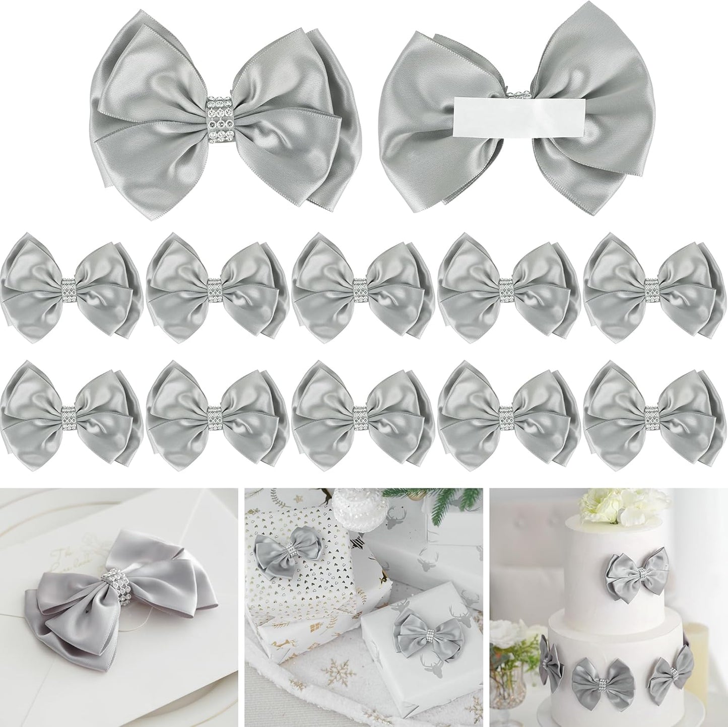 Silver Satin Bows 4'' Premade Ribbon Bow, Silver Gift Bows with Rhinestone, Wrapping Bows for Presents, Greeting Cards, Treat Bags, Wine Bottles, Valentines Bows for Gift Wrapping-12 Counts