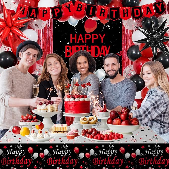 Red and Black Birthday Decorations for Men Women, Red Party Decorations for Boys Girls Happy Birthday Decorations Door Banner, Tablecloth Foil Backdrop Star Balloons for Men Bday Party Supplies
