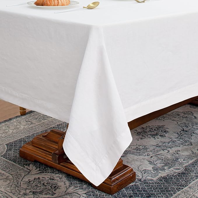 Linen World Linen Tablecloth,100% French Linen White Tablecloth 90" x 60" Inch,Washable Rectangular Tablecloth for Dining,Outdoor,Weddings and Restaurants,Decorative Thanksgiving Christmas