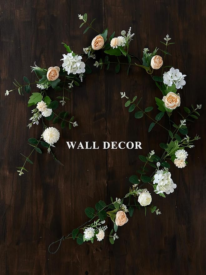 MISSPIN 5.9Ft Eucalyptus Garland with Flowers, Artificial Fake Flower Greenery Spring Garland for Baby Shower Wedding Mantle Table Centerpiece Spring Decor
