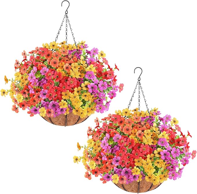 AGIRL 2 Set Artificial Hanging Flowers with Baskets for Outdoors,UV Resistant Fake Hanging Plants for Outdoor Porch Patio Garden, Realistic Silk Flowers for Spring Summer Home Decor
